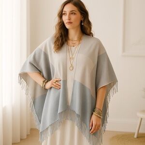 Eileen Fisher Colorblock Fringe Ruana Shawl Poncho OS Cotton Gray Blue